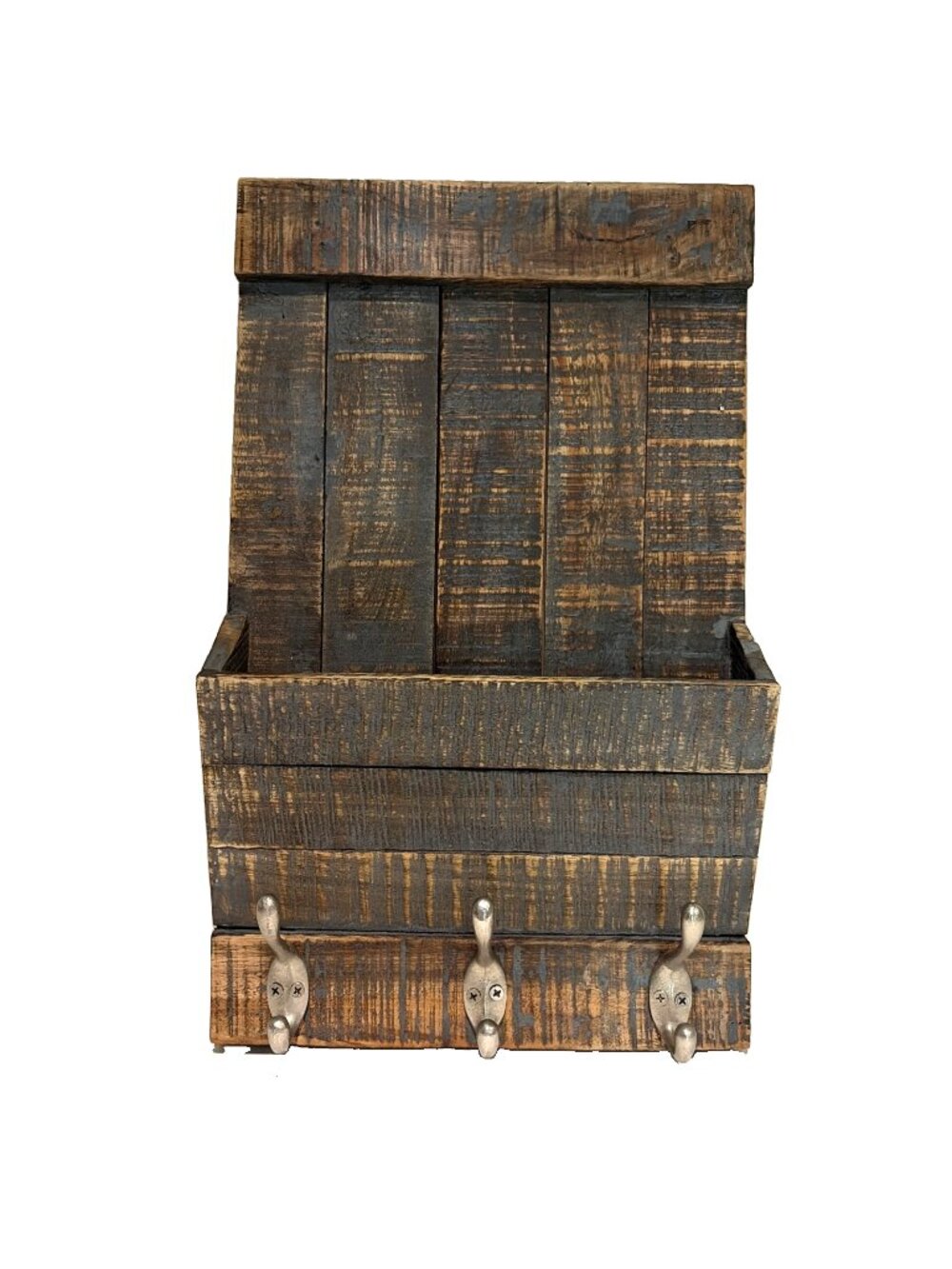 Wall Mount Mail Rack with 3 Metal Hooks Rustic Wooden Distressed Barn Wood Beach